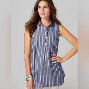 J. Jill Love Linen Blue White Striped Sleeveless Popover Tunic Top Medium